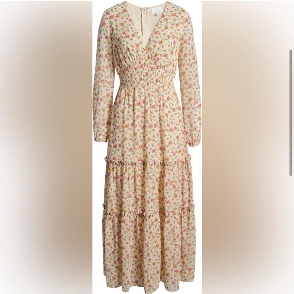 Anthropologie (S) love in bloom boho tiered v-neck floral cream pink maxi dress